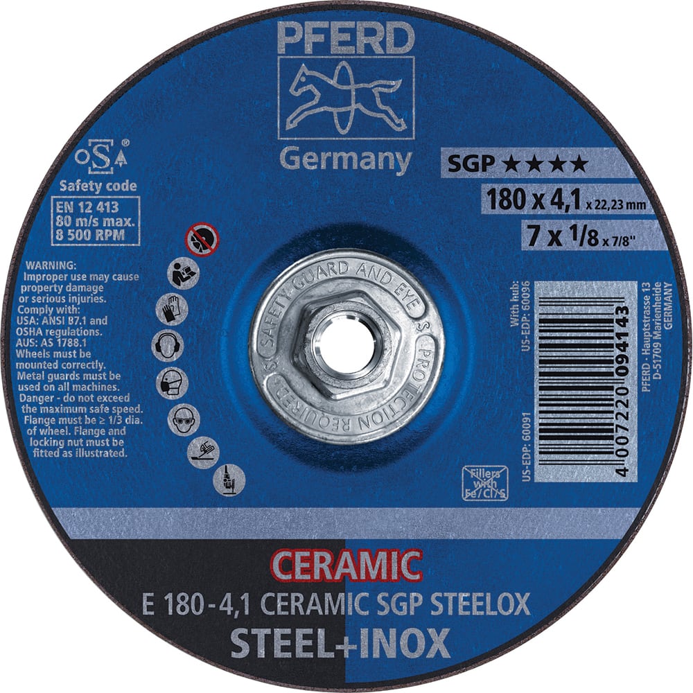 PFERD - Depressed-Center Wheels; Hole Thread Size: 5/8-11 ; Connector Type: Arbor ; Wheel Type Number: Type 27 ; Abrasive Material: Ceramic Oxide ; Maximum RPM: 8500.000 ; Grit: 24 - Exact Tooling