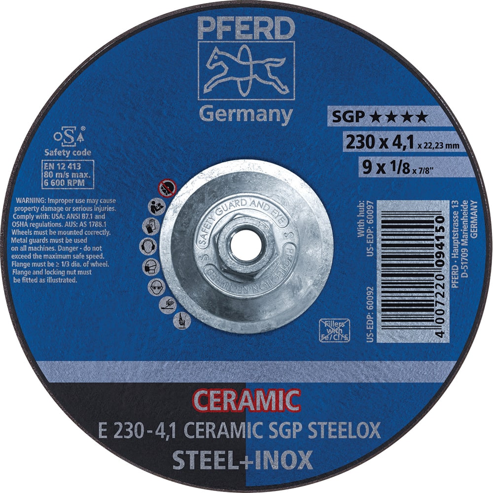 PFERD - Depressed-Center Wheels; Hole Thread Size: 5/8-11 ; Connector Type: Arbor ; Wheel Type Number: Type 27 ; Abrasive Material: Ceramic Oxide ; Maximum RPM: 6600.000 ; Grit: 24 - Exact Tooling