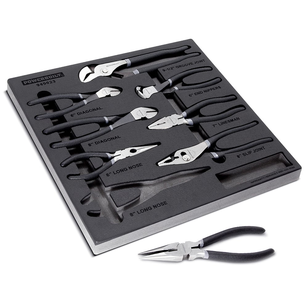 Powerbuilt - Plier Sets; Set Type: Plier Set ; Number of Pieces: 8.000 ; Container Type: Foam Inserts ; Contents: 6" End Nipper Pliers, 7" Linesman Pliers, 8" Slip Joint Pliers, 9-1/2" Groove Joint Pliers, 6" and 8" Diagonal Pliers, 6" and 8" Long Nose P - Exact Tooling