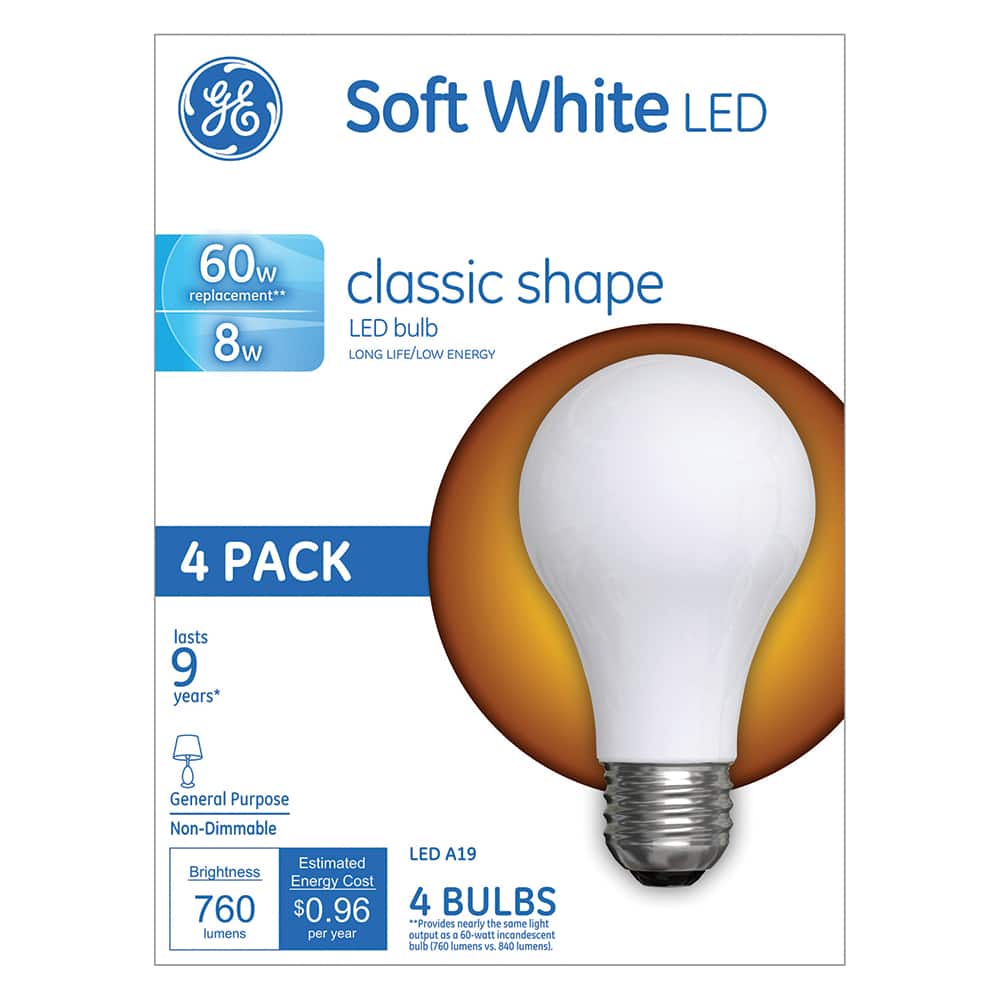 General Electric - Lamps & Light Bulbs; Lamp Technology: LED ; Lamps Style: Residential/Office ; Lamp Type: A19 ; Wattage Equivalent Range: 60-74 ; Actual Wattage: 8.00 ; Base Style: Medium Screw - Exact Tooling