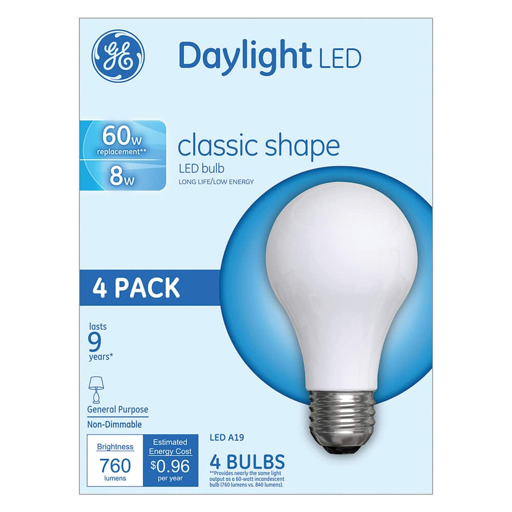 General Electric - Lamps & Light Bulbs; Lamp Technology: LED ; Lamps Style: Residential/Office ; Lamp Type: A19 ; Wattage Equivalent Range: 60-74 ; Actual Wattage: 8.00 ; Base Style: Medium Screw - Exact Tooling