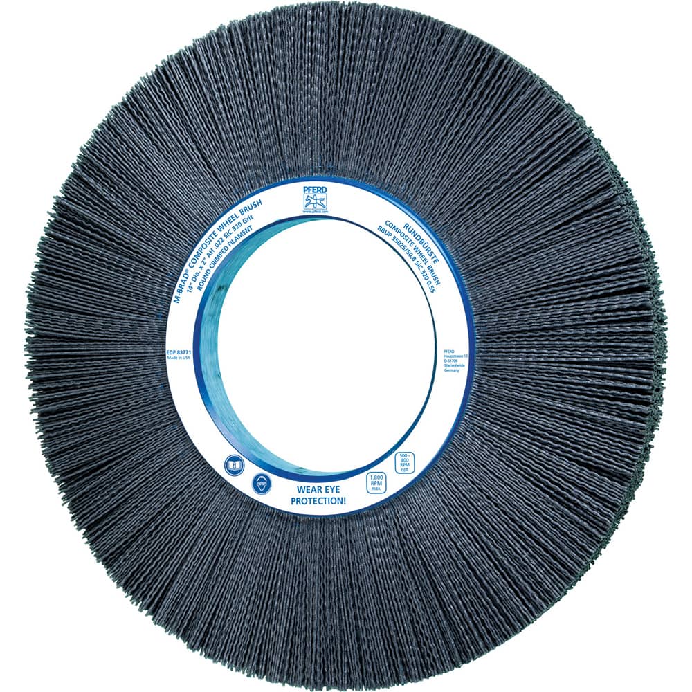 PFERD - Wheel Brushes; Outside Diameter (Inch): 14 ; Wire Type: Crimped; Round ; Fill Material: Nylon; Silicon Carbide ; Trim Length (Inch): 3-1/2 ; Filament Wire Diameter Range: 0.0300 & Above ; Maximum RPM: 1800.000 - Exact Tooling