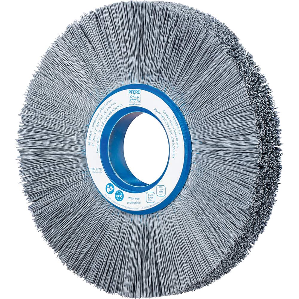 PFERD - Wheel Brushes; Outside Diameter (Inch): 8 ; Wire Type: Crimped; Round ; Fill Material: Nylon; Silicon Carbide ; Trim Length (Inch): 2-1/4 ; Filament Wire Diameter Range: 0.0200-0.0299 ; Maximum RPM: 3600.000 - Exact Tooling