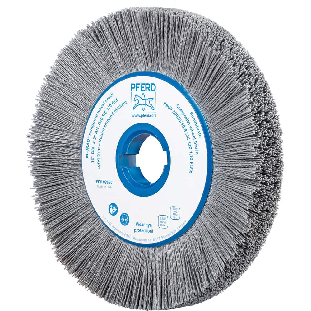 PFERD - Wheel Brushes; Outside Diameter (Inch): 12 ; Wire Type: Crimped; Round ; Fill Material: Nylon; Silicon Carbide ; Trim Length (Inch): 2-3/8 ; Filament Wire Diameter Range: 0.0300 & Above ; Maximum RPM: 1800.000 - Exact Tooling