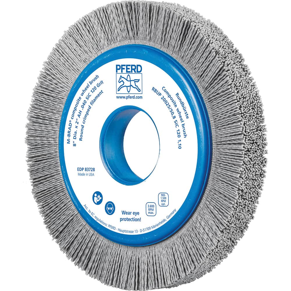 PFERD - Wheel Brushes; Outside Diameter (Inch): 8 ; Wire Type: Crimped; Round ; Fill Material: Nylon; Silicon Carbide ; Trim Length (Inch): 1-1/4 ; Filament Wire Diameter Range: 0.0300 & Above ; Maximum RPM: 3600.000 - Exact Tooling