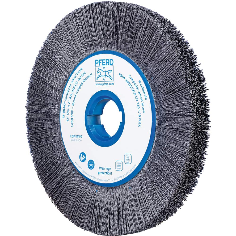 PFERD - Wheel Brushes; Outside Diameter (Inch): 12 ; Wire Type: Crimped; Round ; Fill Material: Nylon; Ceramic ; Trim Length (Inch): 2-3/8 ; Filament Wire Diameter Range: 0.0300 & Above ; Maximum RPM: 1800.000 - Exact Tooling