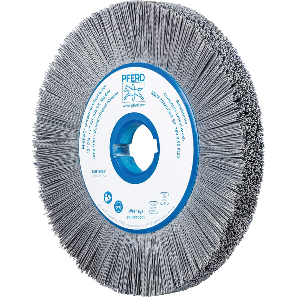 PFERD - Wheel Brushes; Outside Diameter (Inch): 12 ; Wire Type: Crimped; Round ; Fill Material: Nylon; Silicon Carbide ; Trim Length (Inch): 2-3/8 ; Filament Wire Diameter Range: 0.0300 & Above ; Maximum RPM: 1800.000 - Exact Tooling