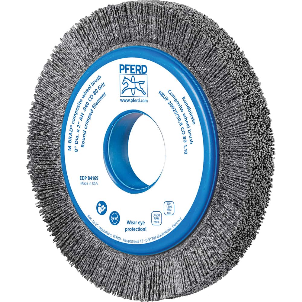 PFERD - Wheel Brushes; Outside Diameter (Inch): 8 ; Wire Type: Crimped; Round ; Fill Material: Nylon; Ceramic ; Trim Length (Inch): 1-1/4 ; Filament Wire Diameter Range: 0.0300 & Above ; Maximum RPM: 3600.000 - Exact Tooling