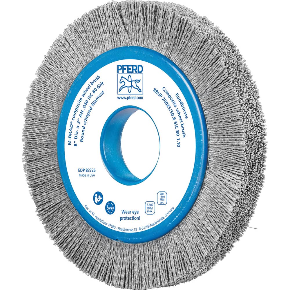 PFERD - Wheel Brushes; Outside Diameter (Inch): 8 ; Wire Type: Crimped; Round ; Fill Material: Nylon; Silicon Carbide ; Trim Length (Inch): 1-1/4 ; Filament Wire Diameter Range: 0.0300 & Above ; Maximum RPM: 3600.000 - Exact Tooling