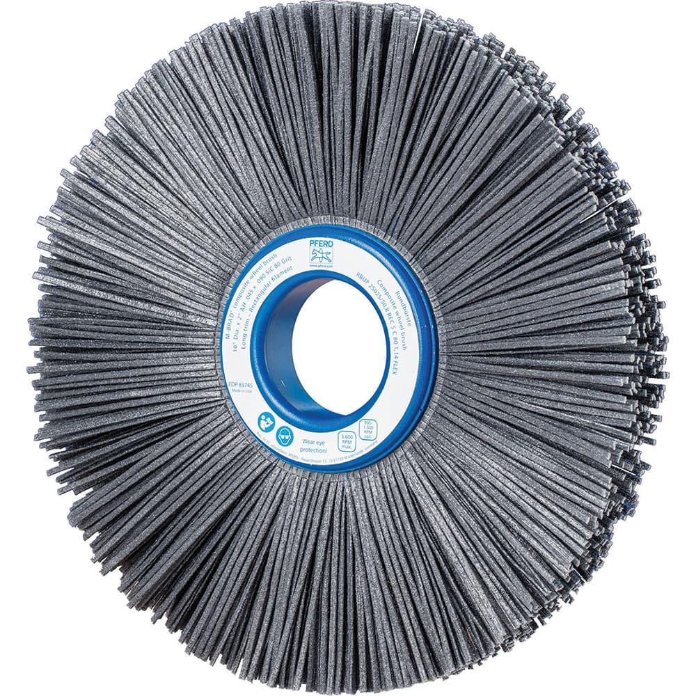 PFERD - Wheel Brushes; Outside Diameter (Inch): 10 ; Wire Type: Rectangular ; Fill Material: Nylon; Silicon Carbide ; Trim Length (Inch): 2-3/4 ; Filament Wire Diameter Range: 0.0300 & Above ; Maximum RPM: 3600.000 - Exact Tooling