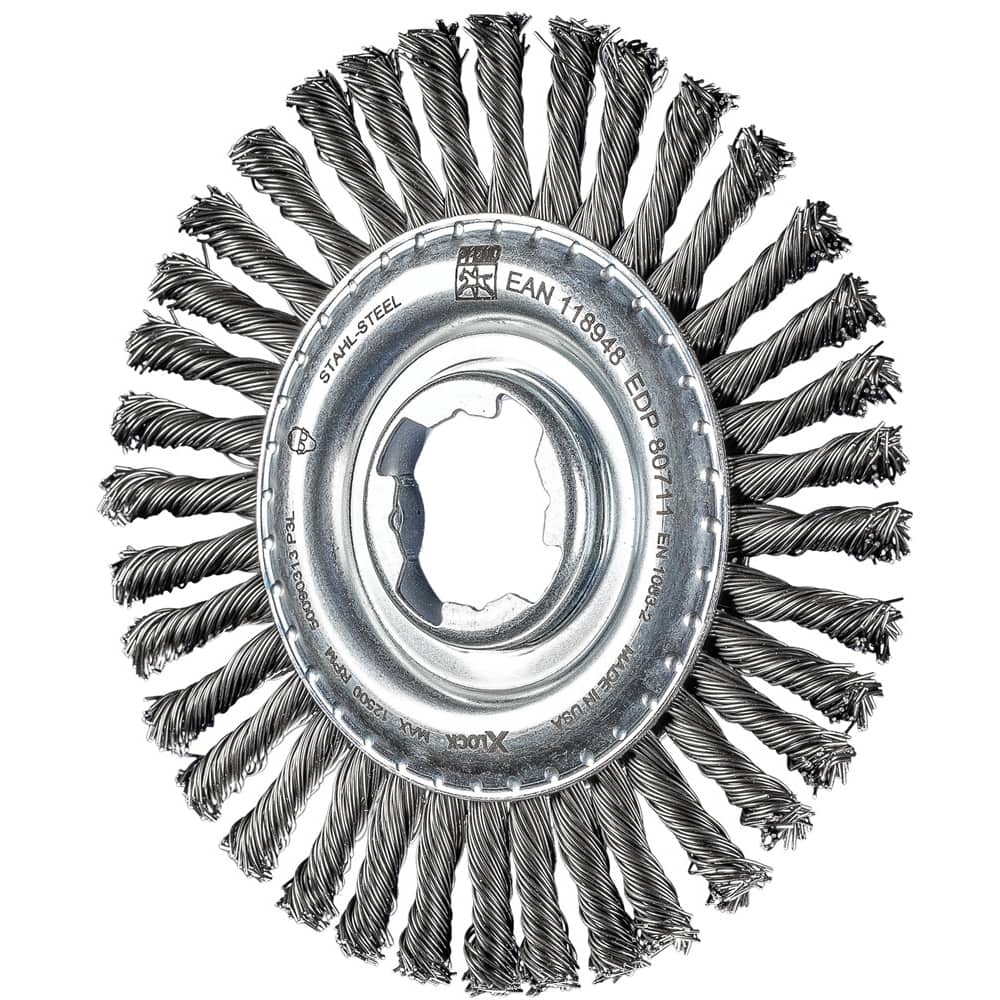 PFERD - Wheel Brushes; Outside Diameter (Inch): 4-1/2 ; Wire Type: Knotted ; Fill Material: Carbon Steel ; Trim Length (Inch): 3/4 ; Filament Wire Diameter Range: 0.0200-0.0299 ; Maximum RPM: 15000.000 - Exact Tooling