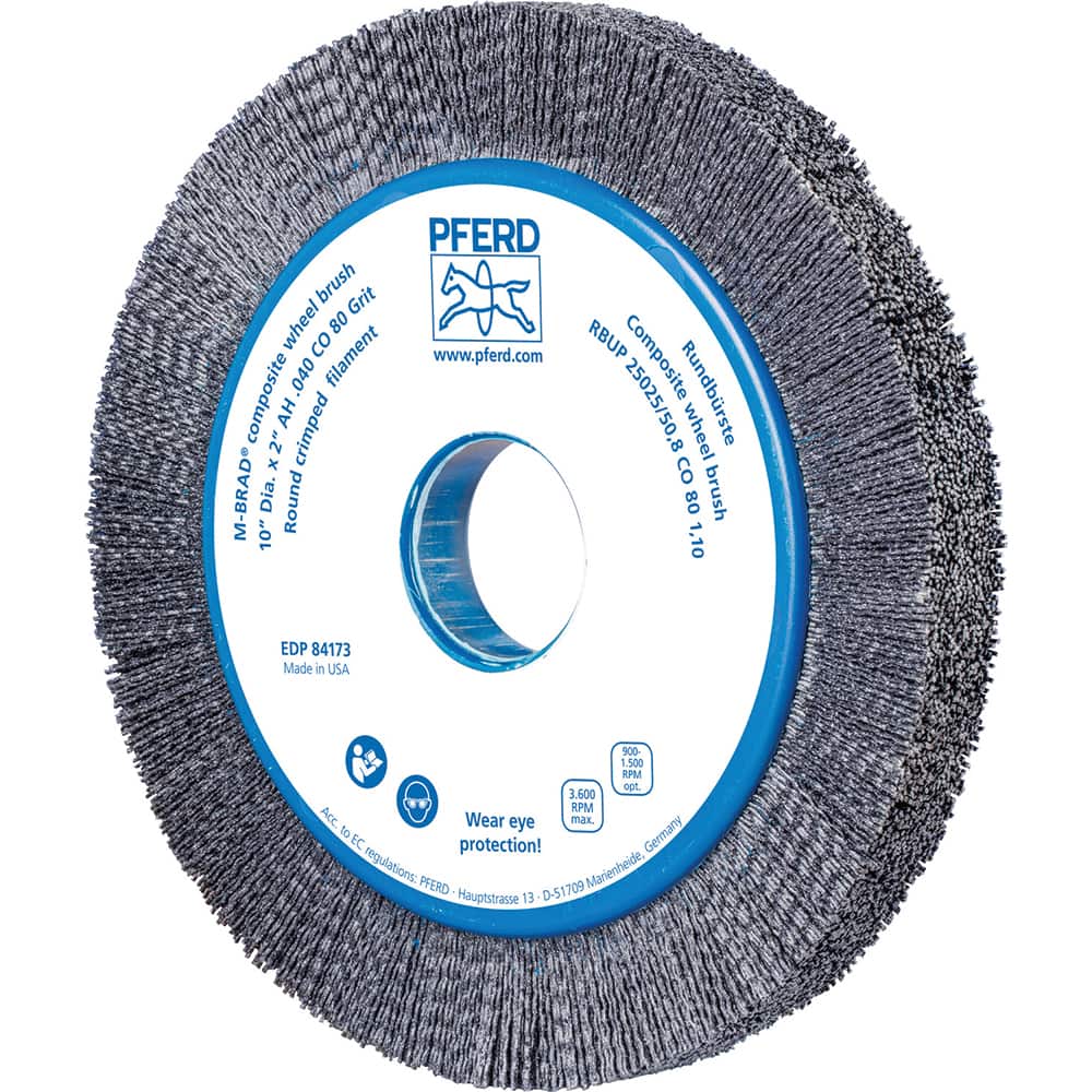 PFERD - Wheel Brushes; Outside Diameter (Inch): 10 ; Wire Type: Crimped; Round ; Fill Material: Nylon; Ceramic ; Trim Length (Inch): 1-1/2 ; Filament Wire Diameter Range: 0.0300 & Above ; Maximum RPM: 3600.000 - Exact Tooling