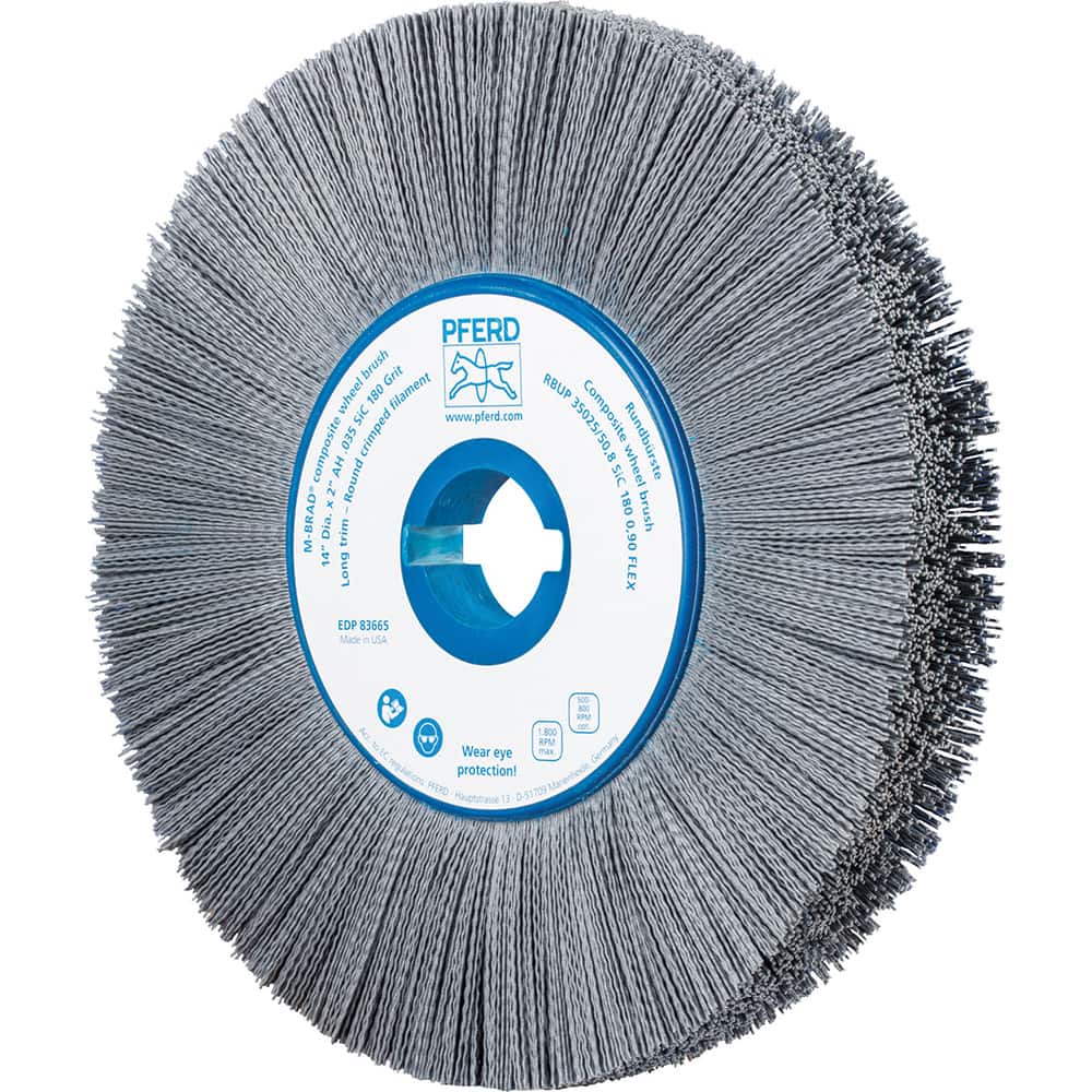 PFERD - Wheel Brushes; Outside Diameter (Inch): 14 ; Wire Type: Crimped; Round ; Fill Material: Nylon; Silicon Carbide ; Trim Length (Inch): 3-1/2 ; Filament Wire Diameter Range: 0.0300 & Above ; Maximum RPM: 1800.000 - Exact Tooling