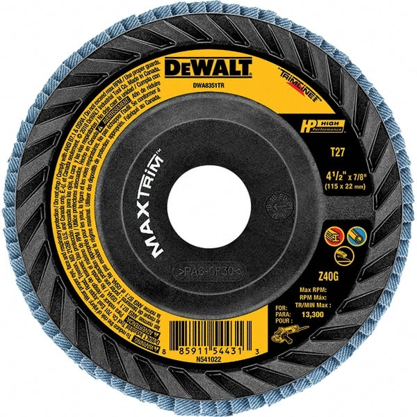 DeWALT - 40 Grit, 5" Disc Diam, Type 27 Zirconia Alumina Flap Disc - 12,200 Max RPM, Poly Cotton Backing, Arbor Attaching System, Coated - Exact Tooling