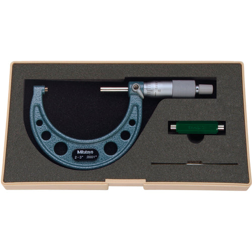 2″-3″ Measuring Range-0.0001″ Graduation - Ratchet Thimble - Carbide Face - Outside Micrometer - Exact Tooling