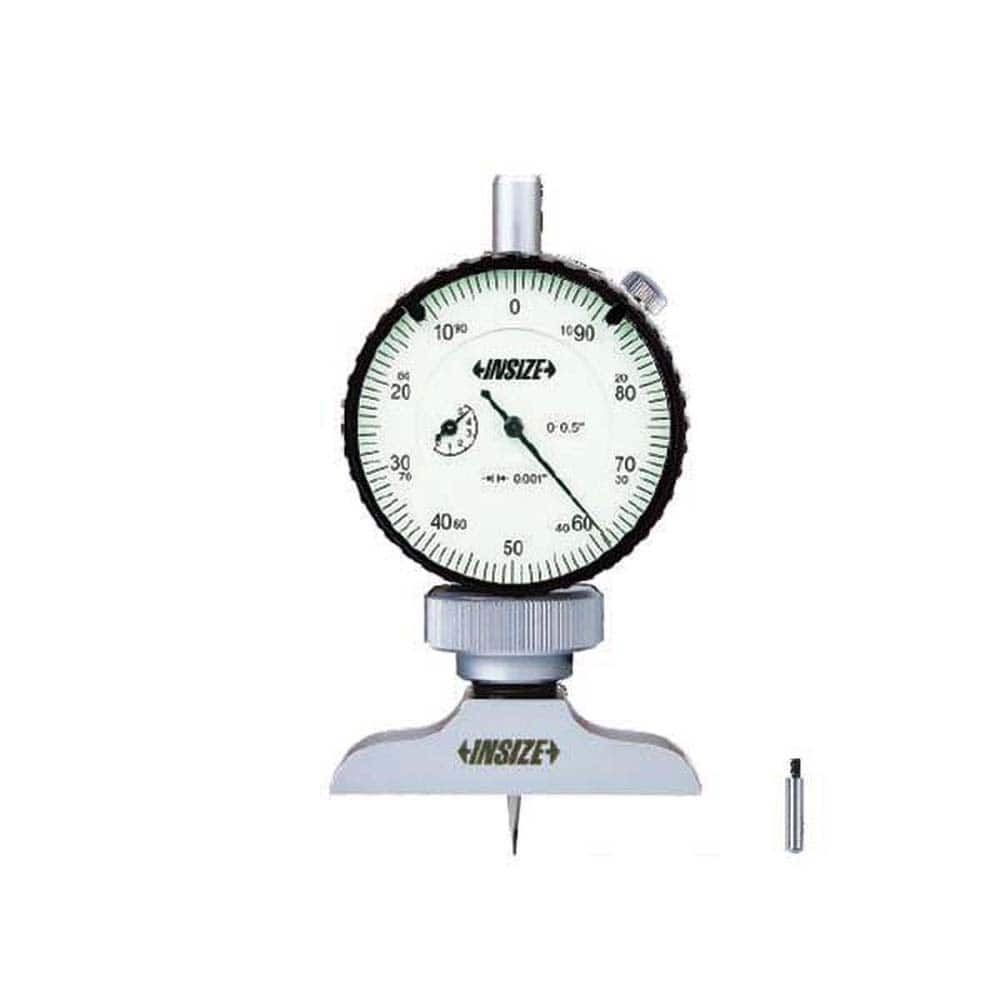 Insize USA LLC - Dial Depth Gages; Maximum Measurement (Inch): 1.2 ; Maximum Measurement (Decimal Inch): 1.2 ; Graduation (Decimal Inch): 0.0010 ; Base Length (Decimal Inch): 2-1/2 ; Base Length (Inch): 2-1/2 ; Calibrated: Yes - Exact Tooling