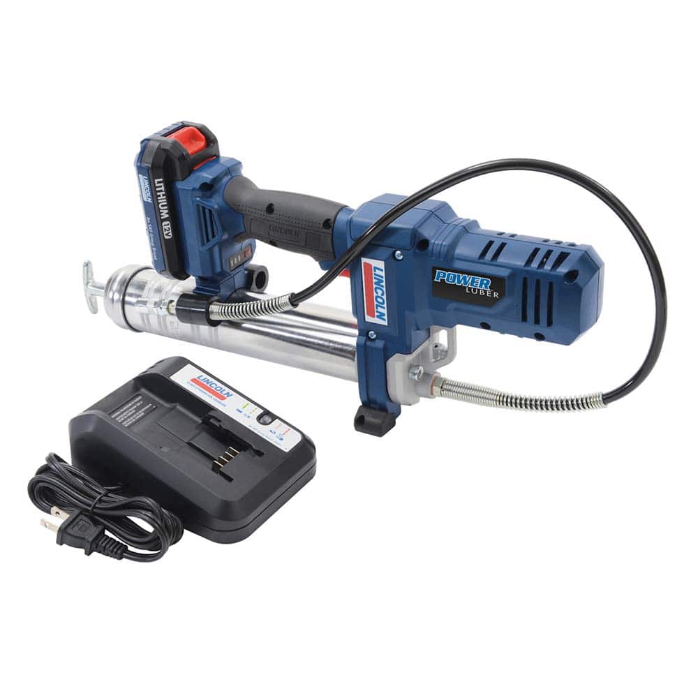 Lincoln - Grease Guns; Type: Battery-Operated Grease Gun ; Capacity (oz.): 14.50 ; Hose Length (Inch): 30 ; Rigid or Flexible Hose: Flexible ; Fill Type: Bulk; Cartridge ; Continuous Flow Rate (oz./min): 2.90 - Exact Tooling