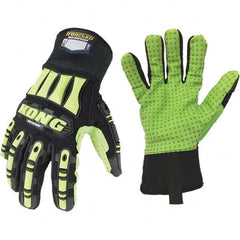 ironCLAD - Size L (9), ANSI Cut Lvl A1, Abrasion Lvl 5, Cut Resistant Gloves - 11" Long, Uncoated, Polyester Lining, Slip-On Cuff, Black/Green, Paired - Exact Tooling