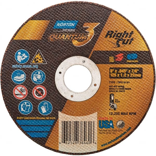 Norton - 5" 46 Grit Ceramic Alumina Cutoff Wheel - 0.045" Thick, 7/8" Arbor, 12,225 Max RPM, Use with Angle Grinders - Exact Tooling