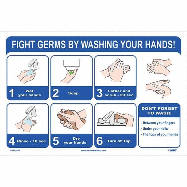 NMC - 1 5-Piece "Fight Germs By Washing Your Hands!", 12" Wide x 18" High, Paper Safety Sign - Exact Tooling