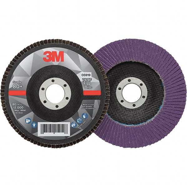3M - 5" Disc Diam, 7/8" Center Hole, Type 27 Ceramic Flap Disc - 12,000 Max RPM, Fiberglass Backing, Arbor Attaching System, Coated - Exact Tooling