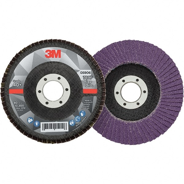 3M - 4-1/2" Disc Diam, 7/8" Center Hole, Type 29 Ceramic Flap Disc - 13,300 Max RPM, Fiberglass Backing, Arbor Attaching System, Coated - Exact Tooling