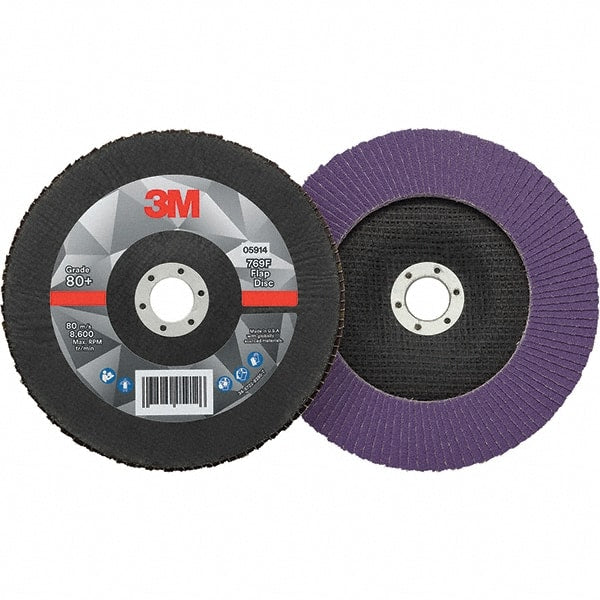 3M - 7" Disc Diam, 7/8" Center Hole, Type 29 Ceramic Flap Disc - 8,600 Max RPM, Fiberglass Backing, Arbor Attaching System, Coated - Exact Tooling