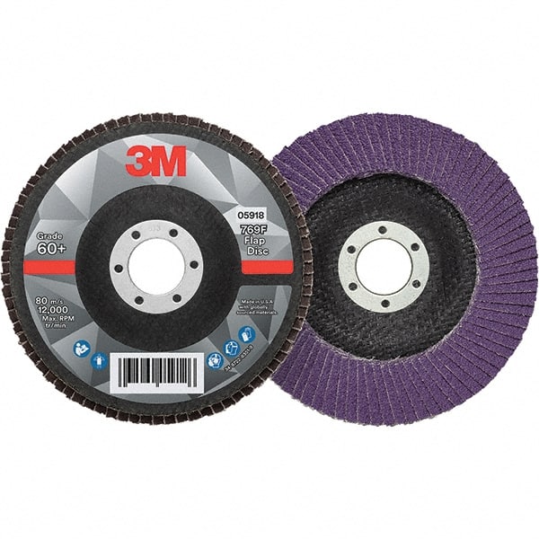 3M - 5" Disc Diam, 7/8" Center Hole, Type 29 Ceramic Flap Disc - 12,000 Max RPM, Fiberglass Backing, Arbor Attaching System, Coated - Exact Tooling