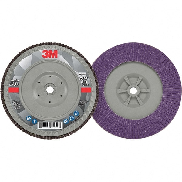 3M - 7" Disc Diam, 5/8-11 Center Hole, Type 27 Ceramic Flap Disc - 8,600 Max RPM, Plastic Backing, Arbor Attaching System, Coated - Exact Tooling