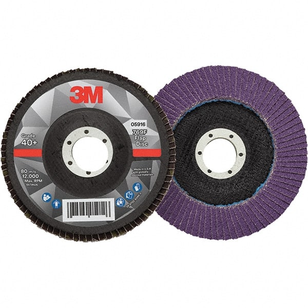 3M - 5" Disc Diam, 7/8" Center Hole, Type 29 Ceramic Flap Disc - 12,000 Max RPM, Fiberglass Backing, Arbor Attaching System, Coated - Exact Tooling