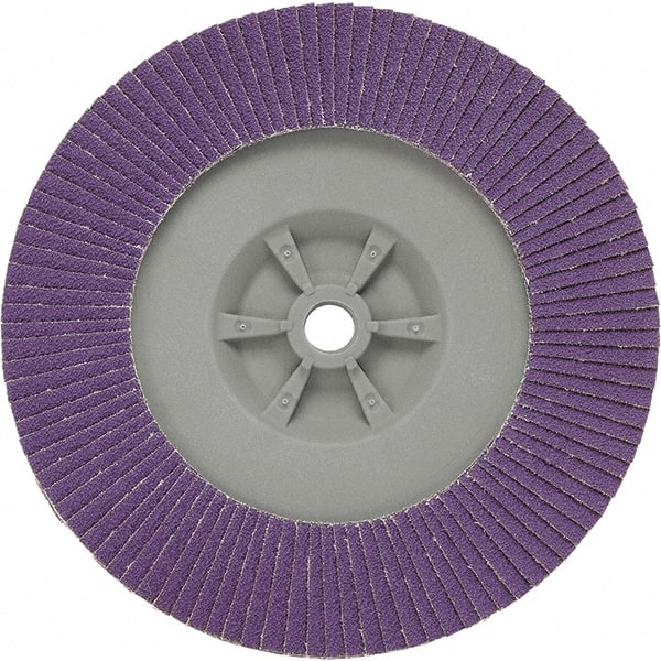 3M - 7" Disc Diam, 5/8-11 Center Hole, Type 29 Ceramic Flap Disc - 8,600 Max RPM, Plastic Backing, Arbor Attaching System, Coated - Exact Tooling