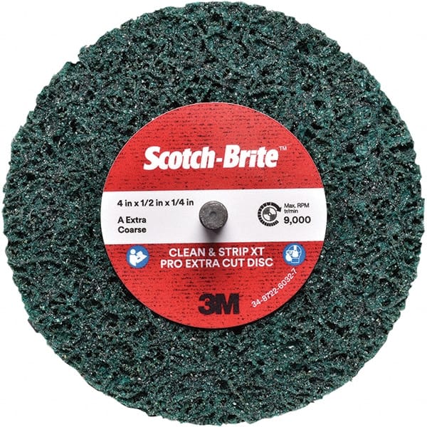 3M - 4" Extra Coarse Grade Aluminum Oxide Deburring Disc - 1/4" Center Hole, Quick Change Connection, Green, 12,000 Max RPM - Exact Tooling