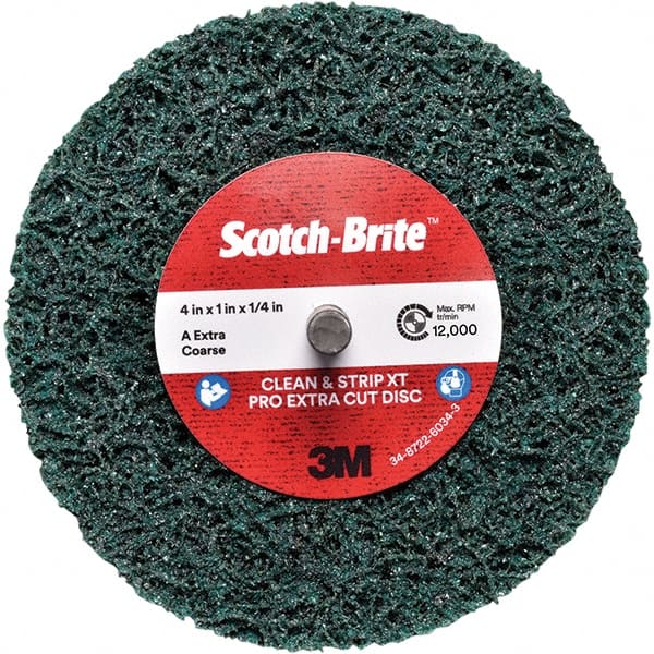 3M - 4" Extra Coarse Grade Aluminum Oxide Deburring Disc - 1/4" Center Hole, Quick Change Connection, Green, 12,000 Max RPM - Exact Tooling