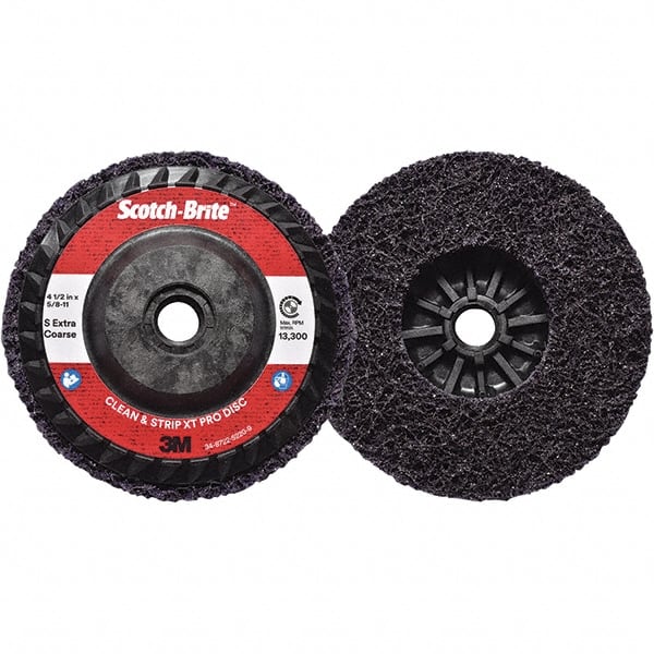 3M - 4-1/2" Extra Coarse Grade Silicon Carbide Deburring Disc - 5/8-11 Threaded Center Hole, Quick Change Connection, Purple, 13,300 Max RPM - Exact Tooling