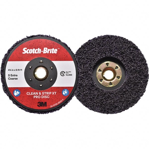 3M - 4-1/2" Extra Coarse Grade Silicon Carbide Deburring Disc - 5/8-11 Threaded Center Hole, Quick Change Connection, Purple, 13,300 Max RPM - Exact Tooling