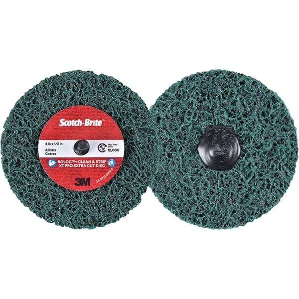 3M - 4" Extra Coarse Grade Aluminum Oxide Deburring Disc - 1/2" Center Hole, Quick Change Connection, Green, 12,000 Max RPM - Exact Tooling