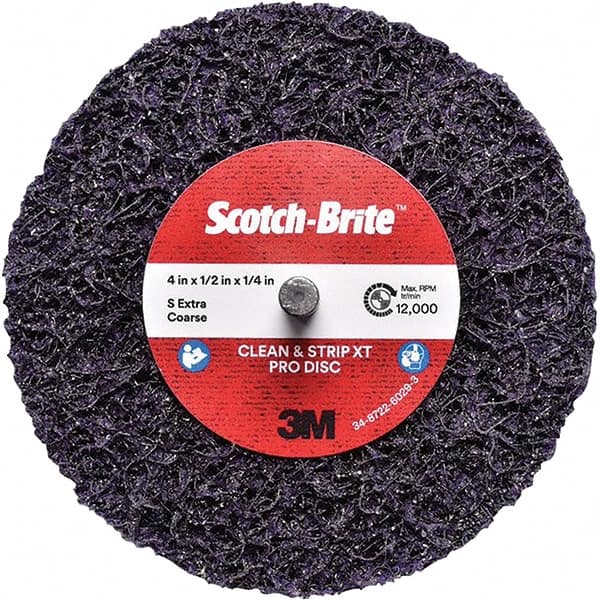 3M - 4" Extra Coarse Grade Silicon Carbide Deburring Disc - 1/4" Center Hole, Quick Change Connection, Purple, 12,000 Max RPM - Exact Tooling