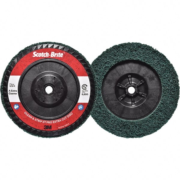3M - 7" Extra Coarse Grade Aluminum Oxide Deburring Disc - 5/8-11 Threaded Center Hole, Quick Change Connection, Green, 8,600 Max RPM - Exact Tooling