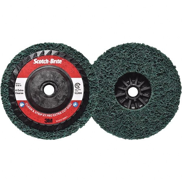 3M - 5" Extra Coarse Grade Aluminum Oxide Deburring Disc - 5/8-11 Threaded Center Hole, Quick Change Connection, Green, 12,000 Max RPM - Exact Tooling