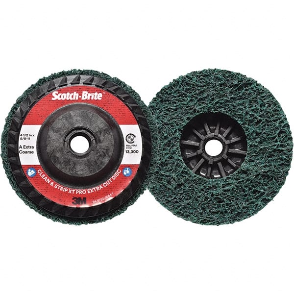 3M - 4-1/2" Extra Coarse Grade Aluminum Oxide Deburring Disc - 5/8-11 Threaded Center Hole, Quick Change Connection, Green, 13,300 Max RPM - Exact Tooling