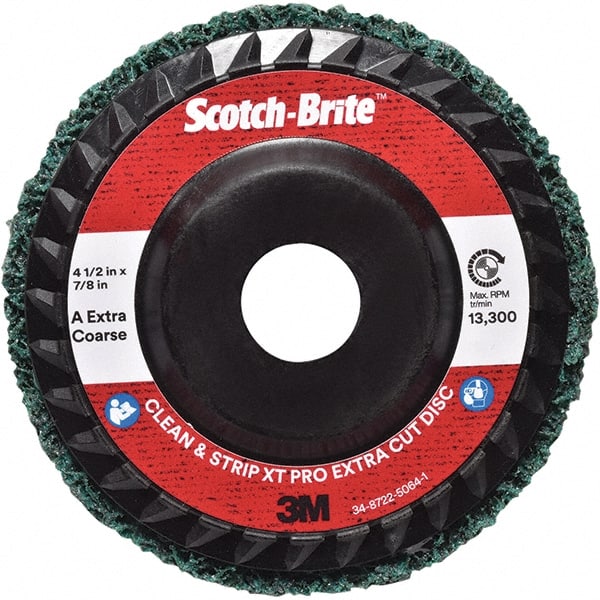 3M - 4-1/2" Extra Coarse Grade Aluminum Oxide Deburring Disc - 7/8" Center Hole, Quick Change Connection, Green, 13,300 Max RPM - Exact Tooling