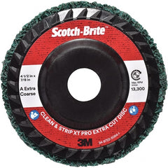 3M - 4-1/2" Extra Coarse Grade Aluminum Oxide Deburring Disc - 7/8" Center Hole, Quick Change Connection, Green, 13,300 Max RPM - Exact Tooling