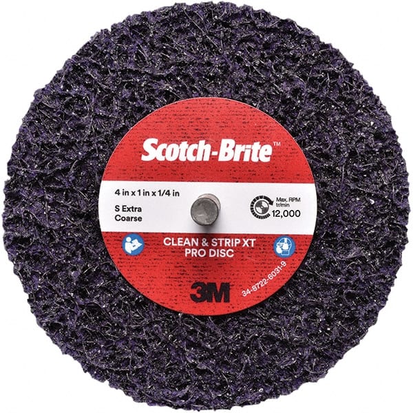 3M - 4" Extra Coarse Grade Silicon Carbide Deburring Disc - 1/4" Center Hole, Quick Change Connection, Purple, 12,000 Max RPM - Exact Tooling