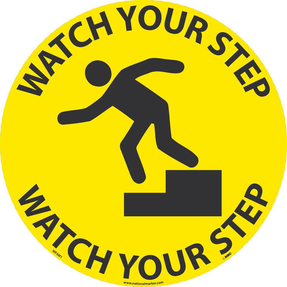 NMC - Adhesive Backed Floor Signs; Message Type: Accident Prevention ; Graphic Type: Falling Man ; Message or Graphic: Message & Graphic ; Legend: Watch Your Step ; Color: Yellow; Black ; Special Color Properties: No Special Properties - Exact Tooling