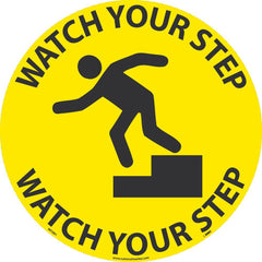 NMC - Adhesive Backed Floor Signs; Message Type: Accident Prevention ; Graphic Type: Falling Man ; Message or Graphic: Message & Graphic ; Legend: Watch Your Step ; Color: Yellow; Black ; Special Color Properties: No Special Properties - Exact Tooling