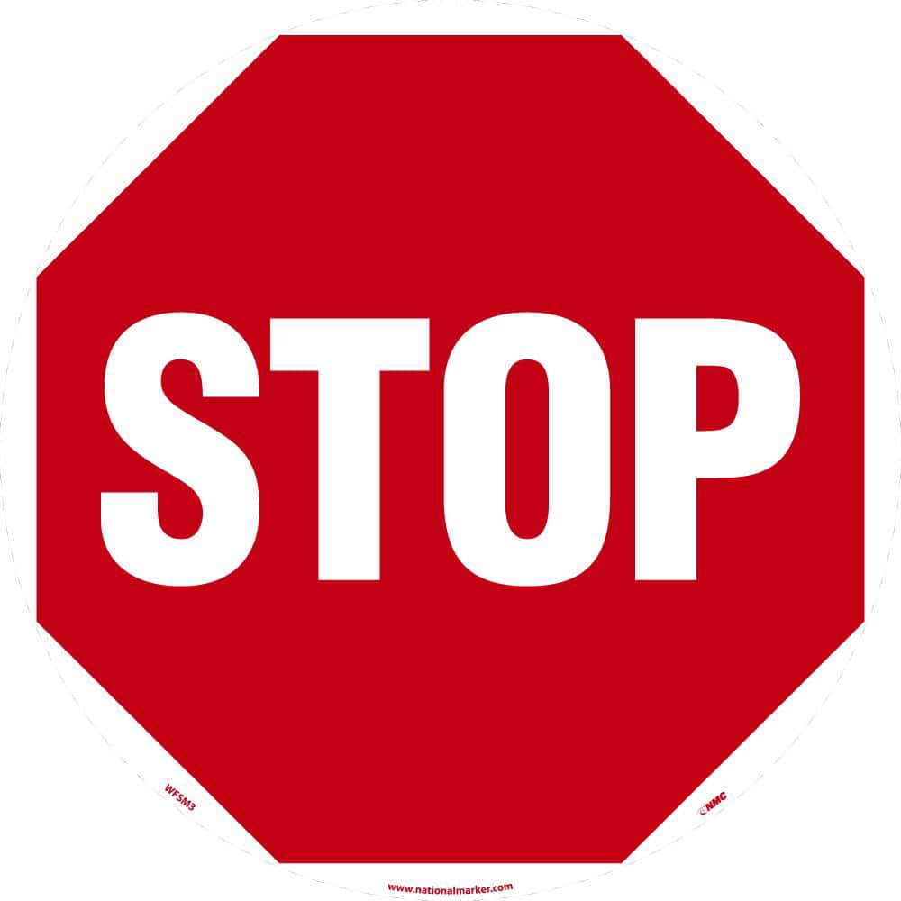 NMC - Adhesive Backed Floor Signs; Message Type: Accident Prevention ; Graphic Type: Stop Sign ; Message or Graphic: Message & Graphic ; Legend: Stop ; Color: Red; White ; Special Color Properties: No Special Properties - Exact Tooling