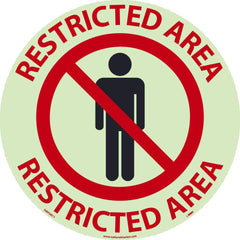 NMC - Adhesive Backed Floor Signs; Message Type: Security & Admittance ; Graphic Type: Person in Circle w/ Slash Through It ; Message or Graphic: Message & Graphic ; Legend: Restricted Area ; Color: Black; Red ; Special Color Properties: Glow-In-The-Dark - Exact Tooling
