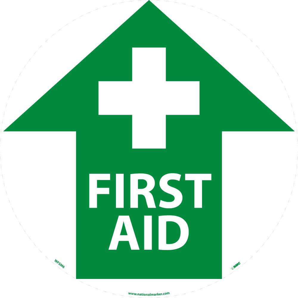 NMC - Adhesive Backed Floor Signs; Message Type: First Aid ; Graphic Type: Cross in Up Arrow ; Message or Graphic: Message & Graphic ; Legend: First Aid ; Color: Green; White ; Special Color Properties: No Special Properties - Exact Tooling