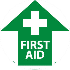 NMC - Adhesive Backed Floor Signs; Message Type: First Aid ; Graphic Type: Cross in Up Arrow ; Message or Graphic: Message & Graphic ; Legend: First Aid ; Color: Green; White ; Special Color Properties: No Special Properties - Exact Tooling