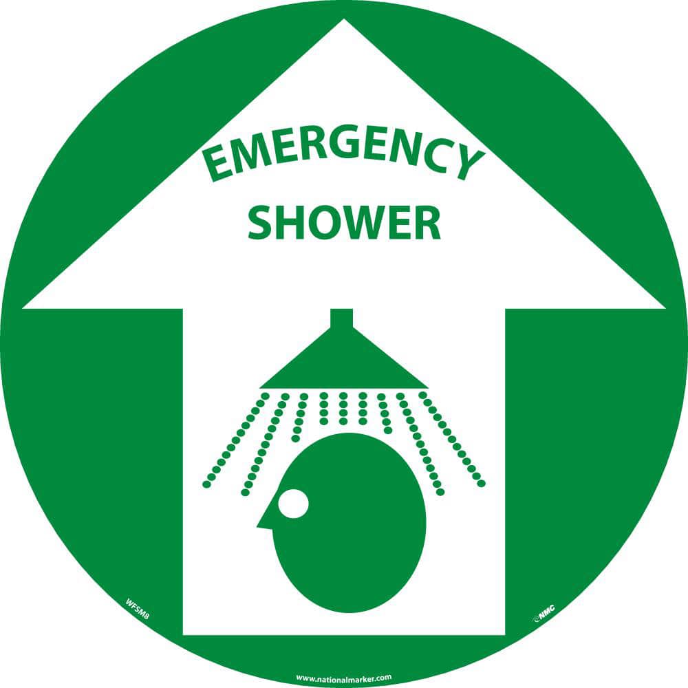 NMC - Adhesive Backed Floor Signs; Message Type: First Aid ; Graphic Type: Head under Shower in Up Arrow ; Message or Graphic: Message & Graphic ; Legend: Emergency Shower ; Color: Green; White ; Special Color Properties: No Special Properties - Exact Tooling